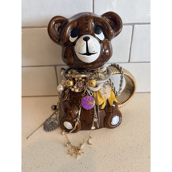 Unbranded Other - Vintage Mystery Jewelry Jar In VTG Teddy Bear Jar Mixed Metal Gold Silver Pearl